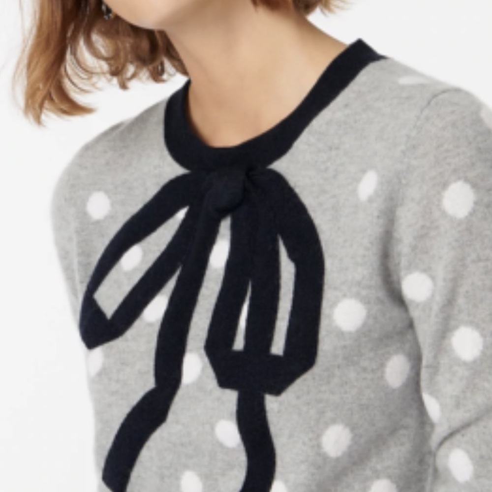 J Crew Women’s Gray Polka Dot 100% Cashmere Crewneck Sweater With Bow Small S - Picture 5 of 11